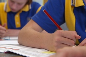 Two anonymous students writing at a school desk (ABC News: File Image)
