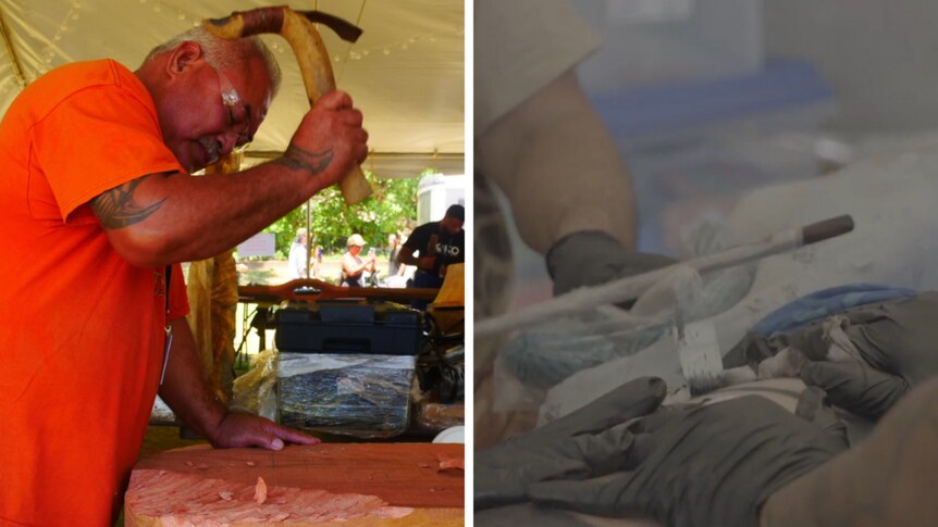 Composite image of a traditional carver at work and traditional tattooing (tatau).