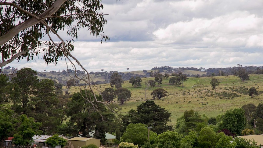 A few farmhouses with rolling hills in the background