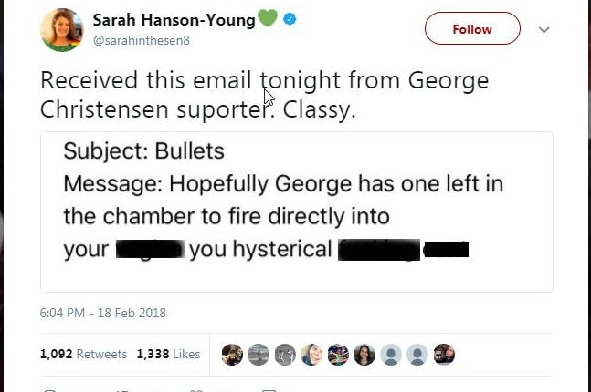 A screenshot of a tweet from Green Senator Sarah Hanson-Young about an email she received from a George Christensen supporter