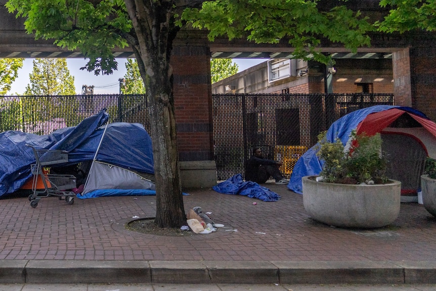 Camping tents set up on the footpath in the US city of Oregon.
