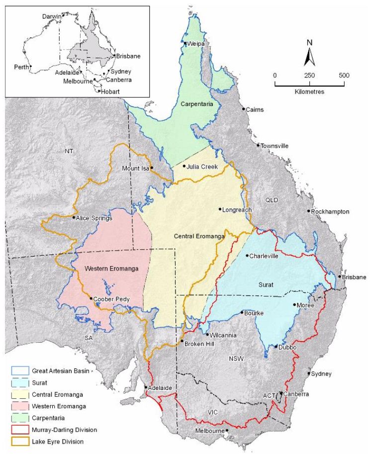 A map depicting regions of the Great Artesian Basin