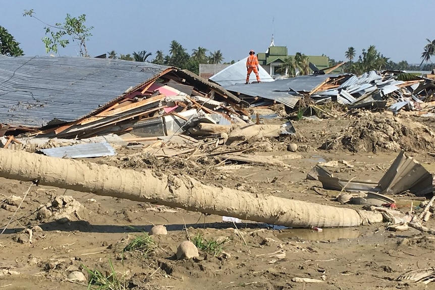 Mud runs up to the roofs of houses