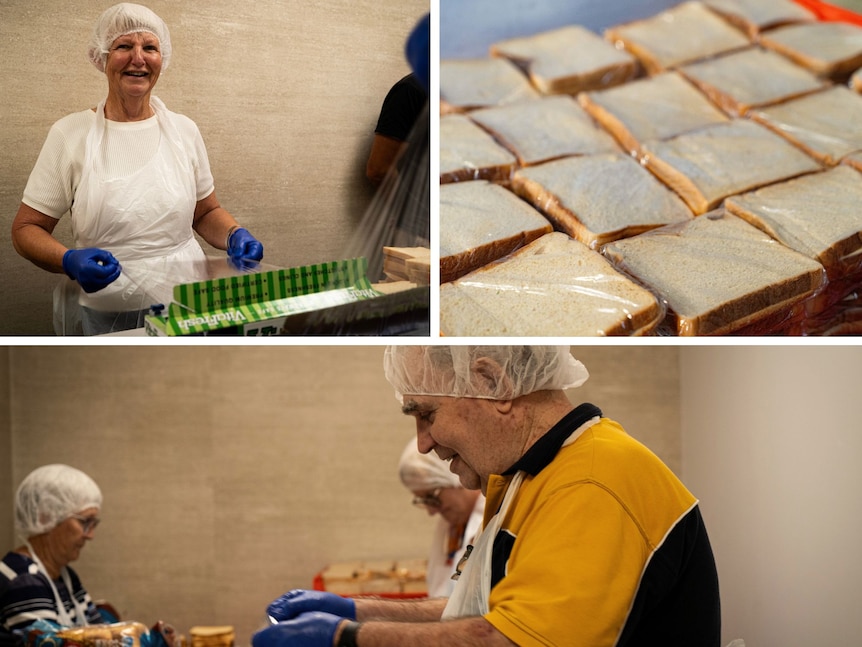 Volunteers prepare food and sandwiches with gloves and hair nets
