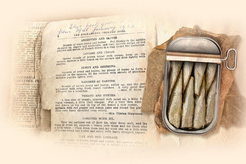 A graphic of an old printed recipe with handwriting in the margin and a tin of sardines