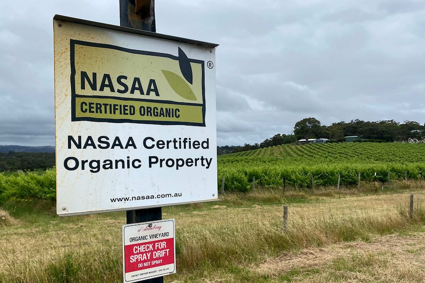 A signpost at the boundary of a vineyard declares it NASAA certified organic