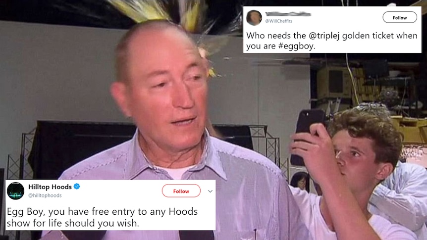 Hilltop Hoods and punter tweet over an image of 'Egg Boy' egging Senator Fraser Anning