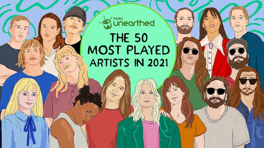 Atop a blue background are drawings of artists from Unearthed, with text 'the 50 most played artists in 2021'.
