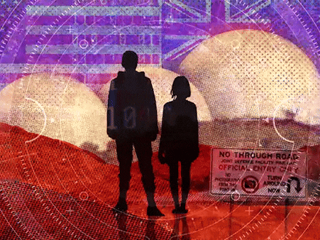 An animated graphic of two people (silhouetted) standing with three large radomes in the distance.