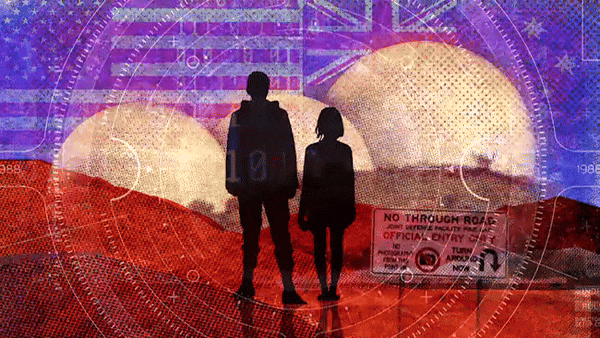 An animated graphic of two people (silhouetted) standing with three large radomes in the distance.