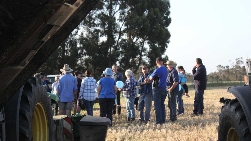 Farmers gather at the top of the hill, behind a harvester