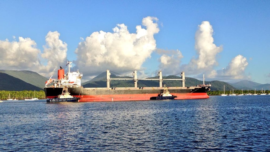 A large ship in waters off Cairns, which is being loaded with raw sugar today.