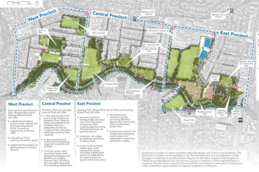A concept image showing numerous parks and suggestions for development.