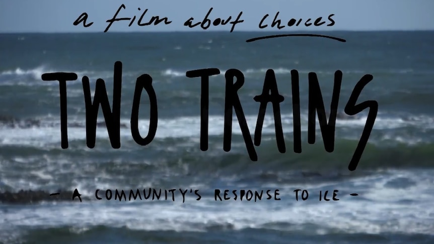 screen grab of title frame from documentary reading: "a film about choices, Two Trains, a community's response to ice"