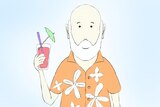 Cartoon of retiree sipping cocktail, wearing Hawaiian shirt.