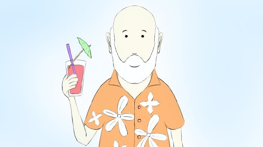 Cartoon of retiree sipping cocktail, wearing Hawaiian shirt.