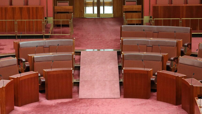 A wide shot shows a red, carpeted ramp leading from the back row of the Senate chamber down to the lower level.