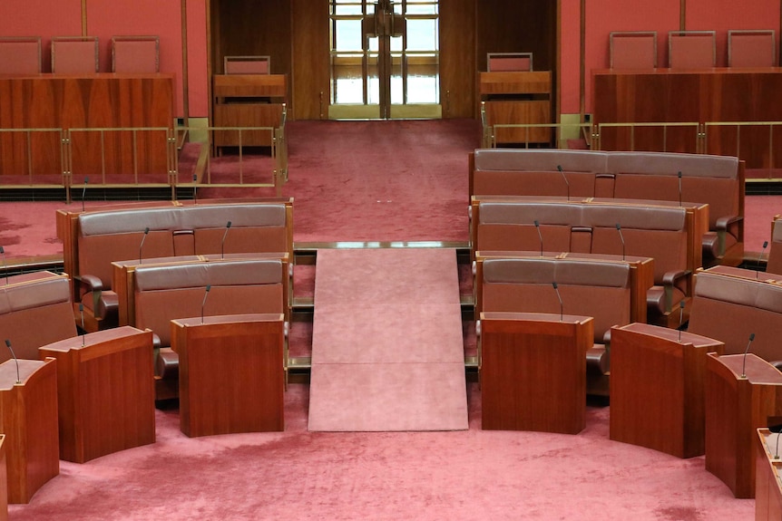 A wide shot shows a red, carpeted ramp leading from the back row of the Senate chamber down to the lower level.