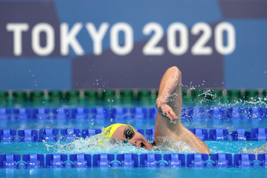 Swimmer competing in race