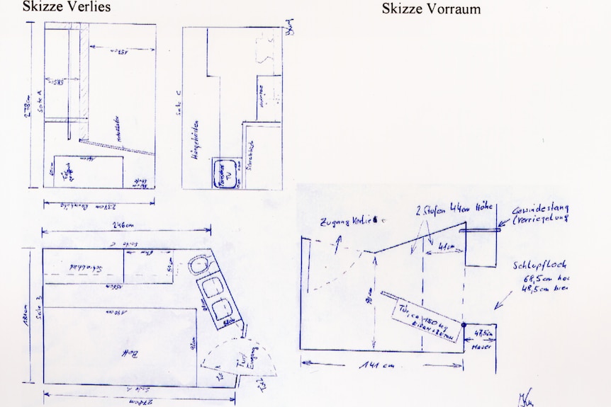 A sketch in blue pen showing the layout of an underground cellar