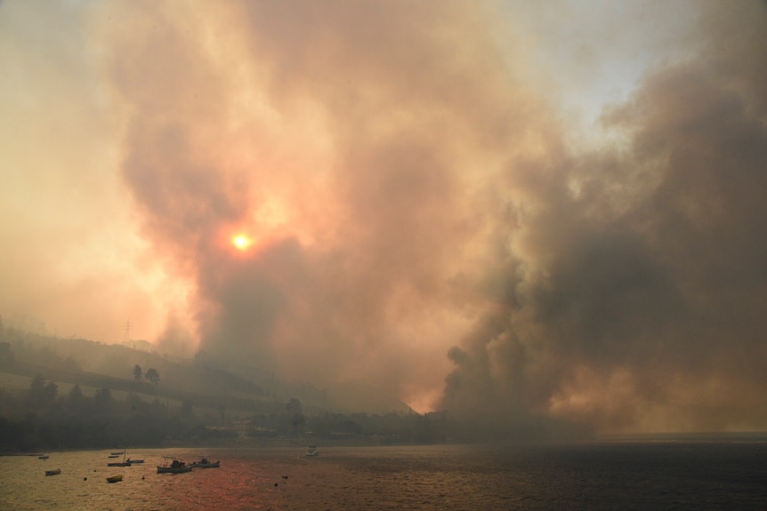 그리스 파트라스 서쪽 람페리 마을 인근 산불로 연기가 치솟고 있다.
