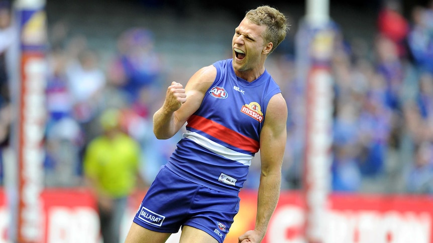 Jake Stringer of the Western Bulldogs celebrates after kicking a goal against Fremantle at Docklands.