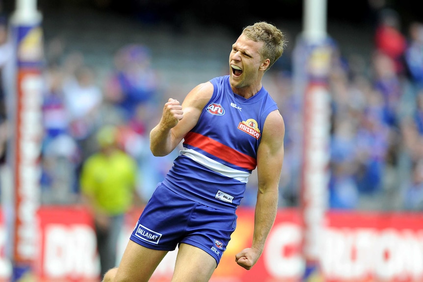 Jake Stringer of the Western Bulldogs celebrates after kicking a goal against Fremantle at Docklands.