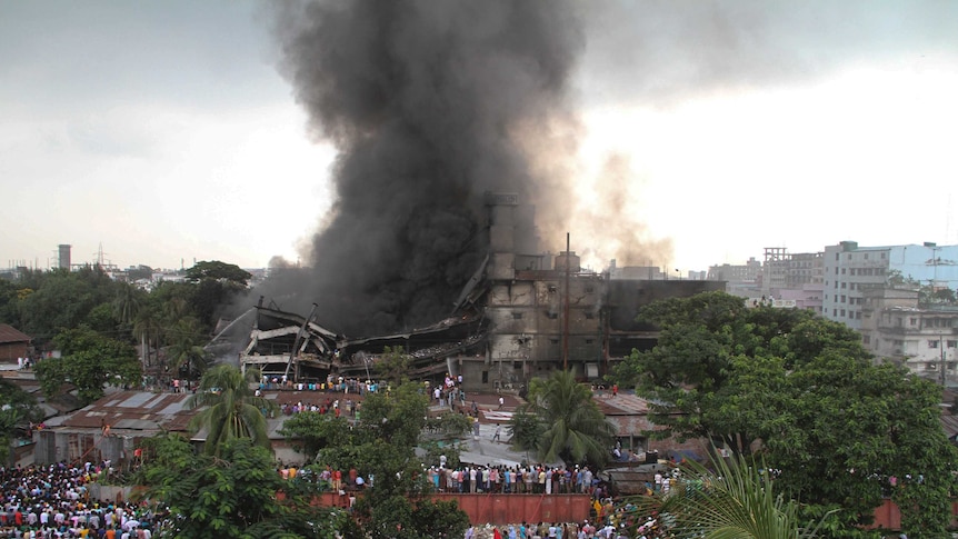 Smoke and flames billow from a burning factory in Tongi, Bangladesh.