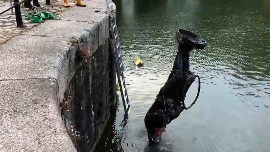 A statue of a man is winched out of water