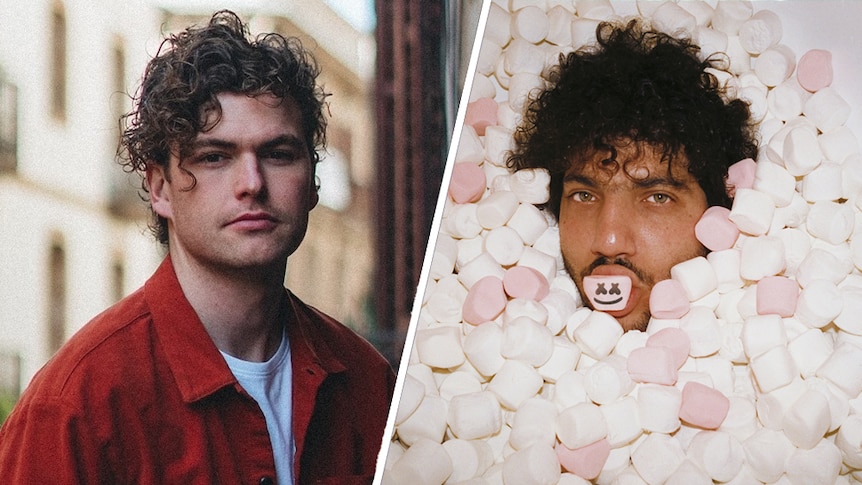 A collage of Vance Joy and Benny Blanco with a Marshmello marshmellow in his mouth