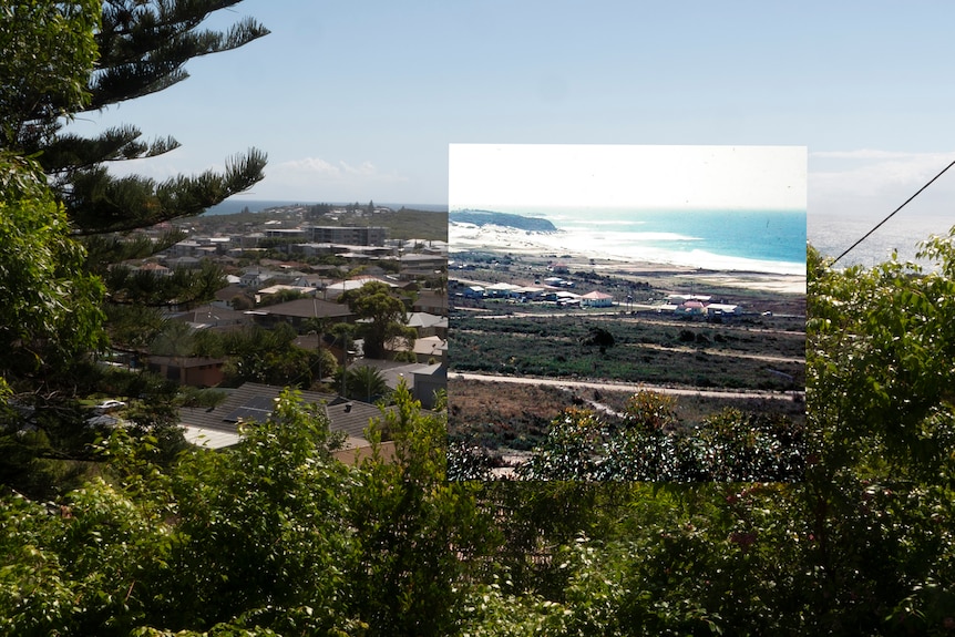 Composite image showing an ocean view in 1962 laid over an image in the present day at the same location.
