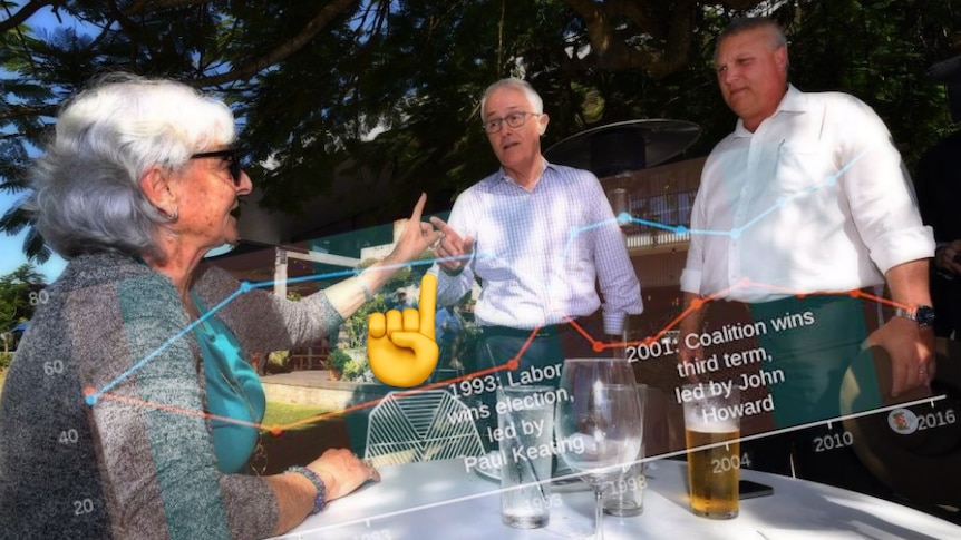 Composite image showing former prime minister Malcolm Turnbull being berated by a voter in a beer garden.