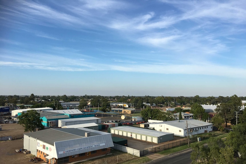 An aerial shot shows the Moree township