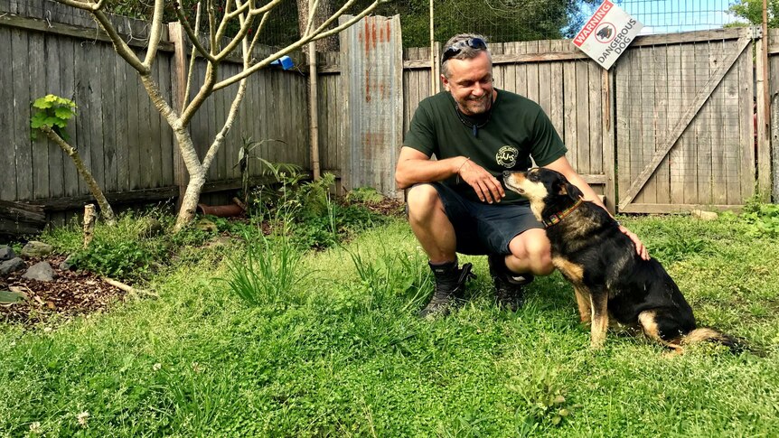 Justin Brown in his backyard patting his black and tan kelpie honey.