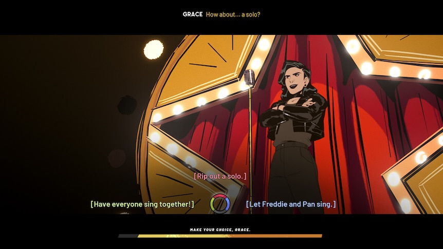 A screenshot from the video game Stray Gods showing a woman standing on a stage, and dialogue choices