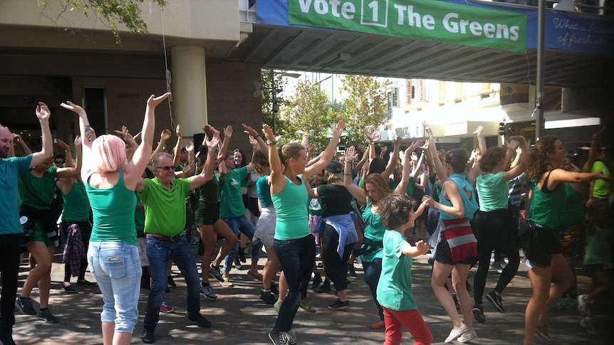 Greens party faithful perform a dance at the party launch in Perth on March 22, 2014.