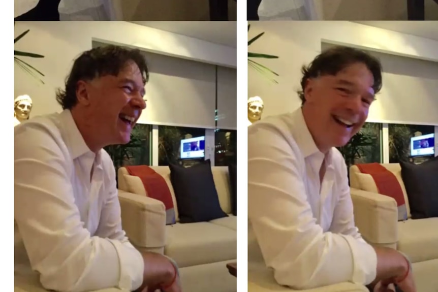 Two photos side by side: Man in a white shirt laughing 