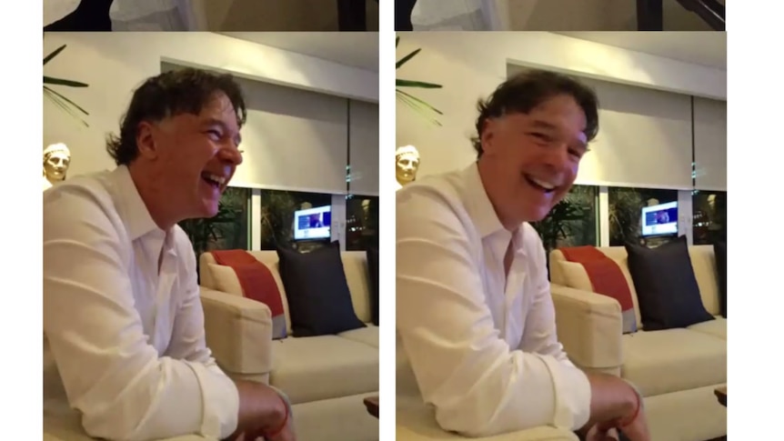 Two photos side by side: Man in a white shirt laughing 