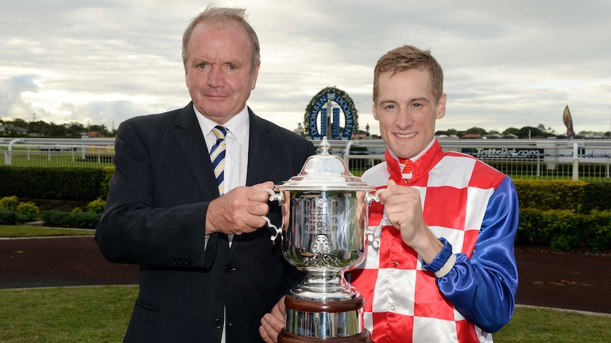 Jockey Blake Shinn (R) and trainer Guy Walter after winning the Doomben Cup with Streama.