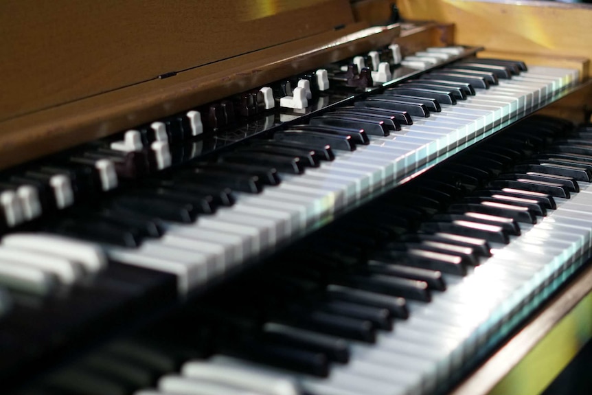 A close-up shot of the two rows of keys on a blonde organ.