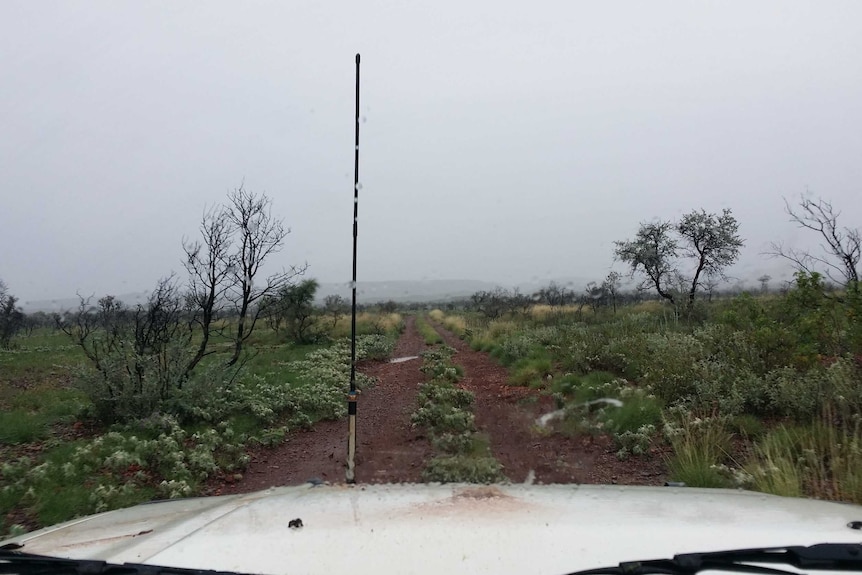 looking through a windscreen at a wet dirt road