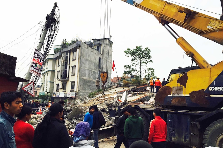 A collapsed building in Kathmandu after an earthquake.