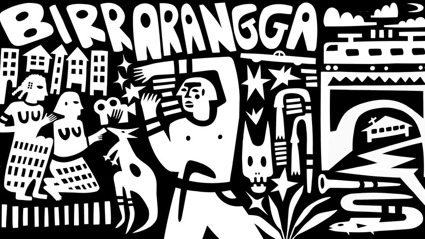 A black and white design with people, buildings, animals and a camera and the word Birrarangga written above