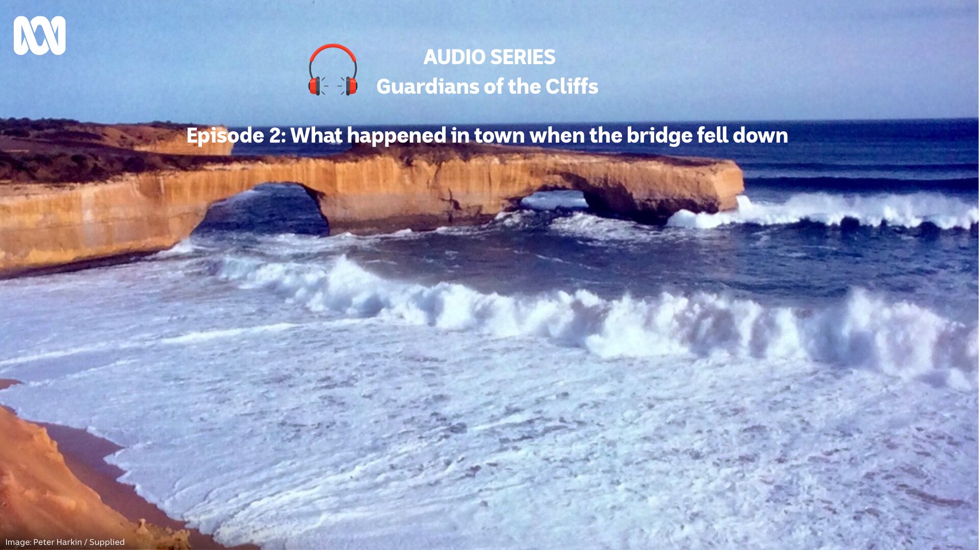 A cliff face jutting out to choppy sea on a sunny day, with the text of the series name and episode