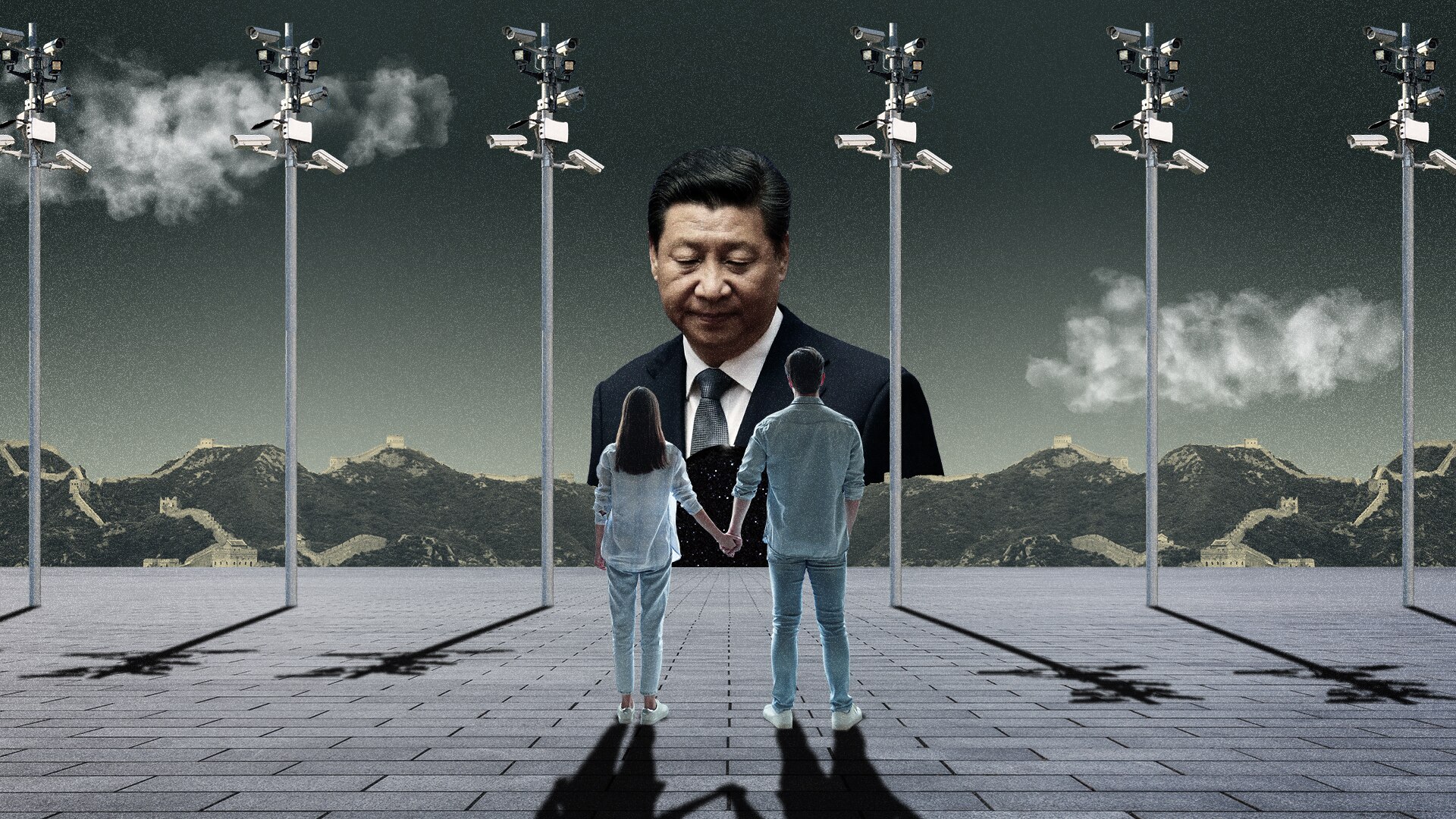 Graphic of a couple standing beneath an image of Xi Jinping.