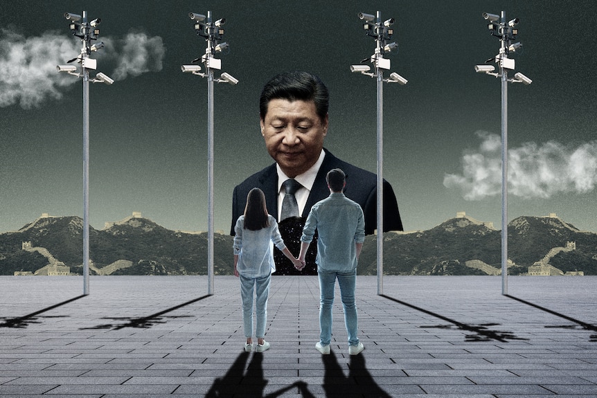 Graphic of a couple standing beneath an image of Xi Jinping.