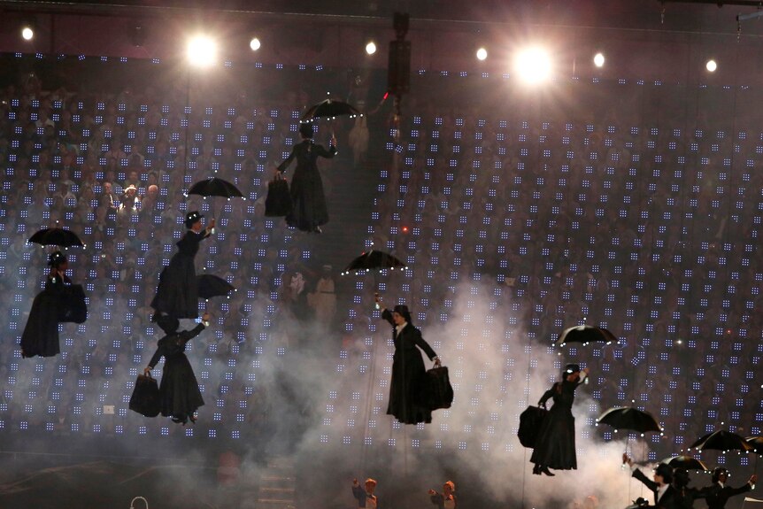 Performers dressed as Mary Poppins take part in the opening ceremony.