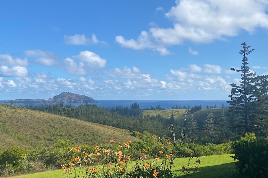 A scenic shot shows the sloping hills of Norfolk Island 