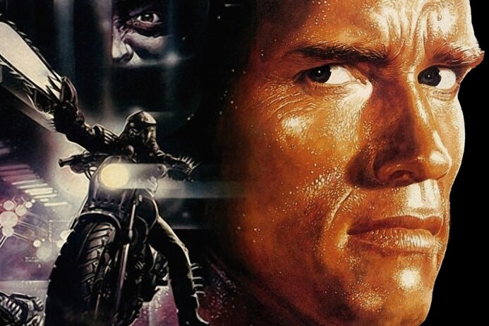 The movie poster for The Running Man, featuring Arnold Schwartzenegger.