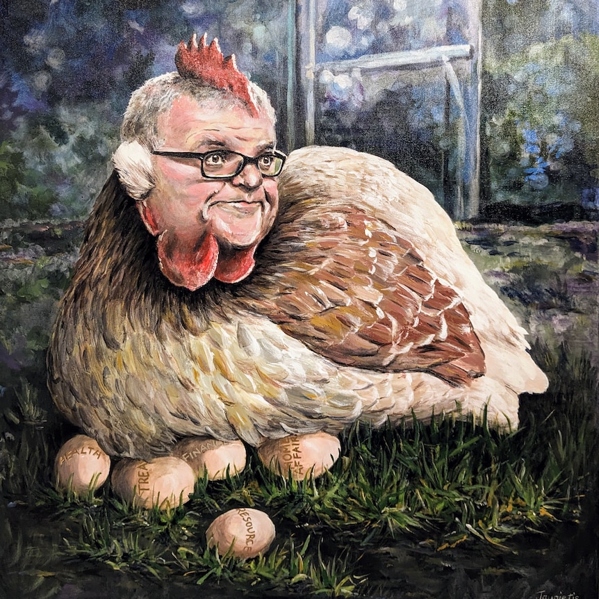 Scott Morrison has the body of a chicken, sitting on eggs. He still wears his glasses.